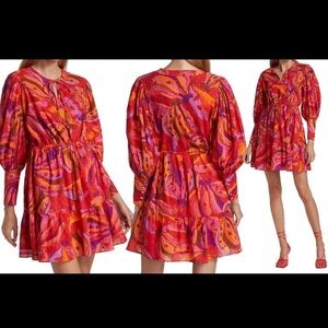 Farm Rio banana juice, pink and red, tropical, long sleeve tiered, mini dress L
